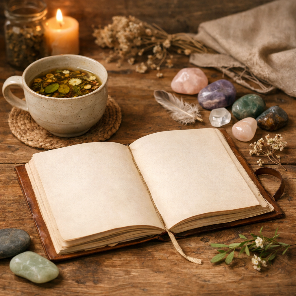 An open journal with herbal tea and healing stones