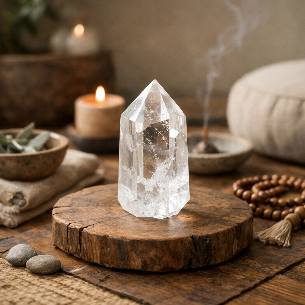 A clear quartz crystal on a wooden meditation table