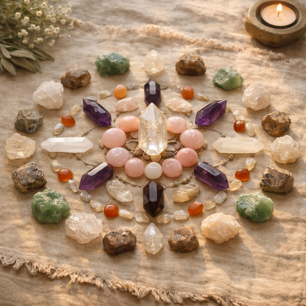Crystals arranged in a circular geometric pattern on a cloth with soft natural lighting