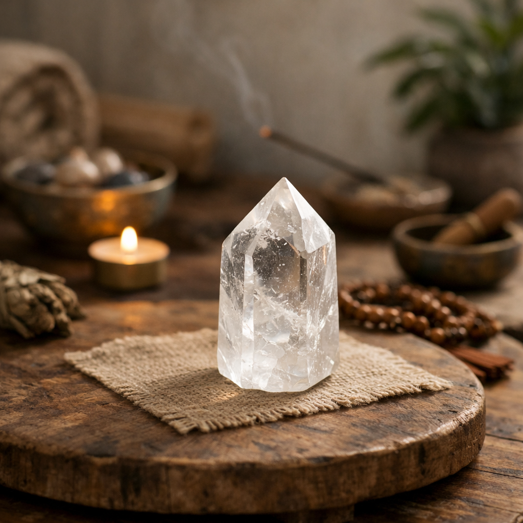 A clear quartz crystal on a wooden meditation table