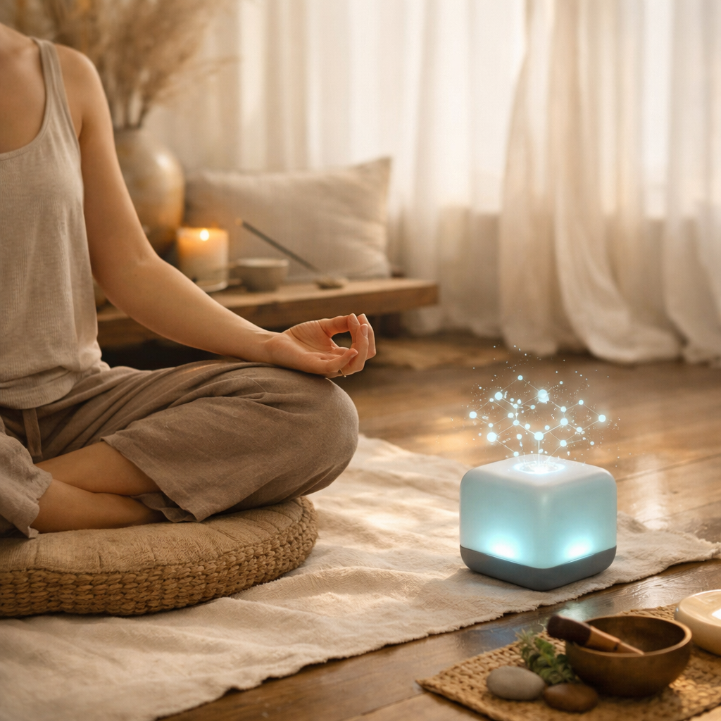 A person meditating with a glowing AI device nearby