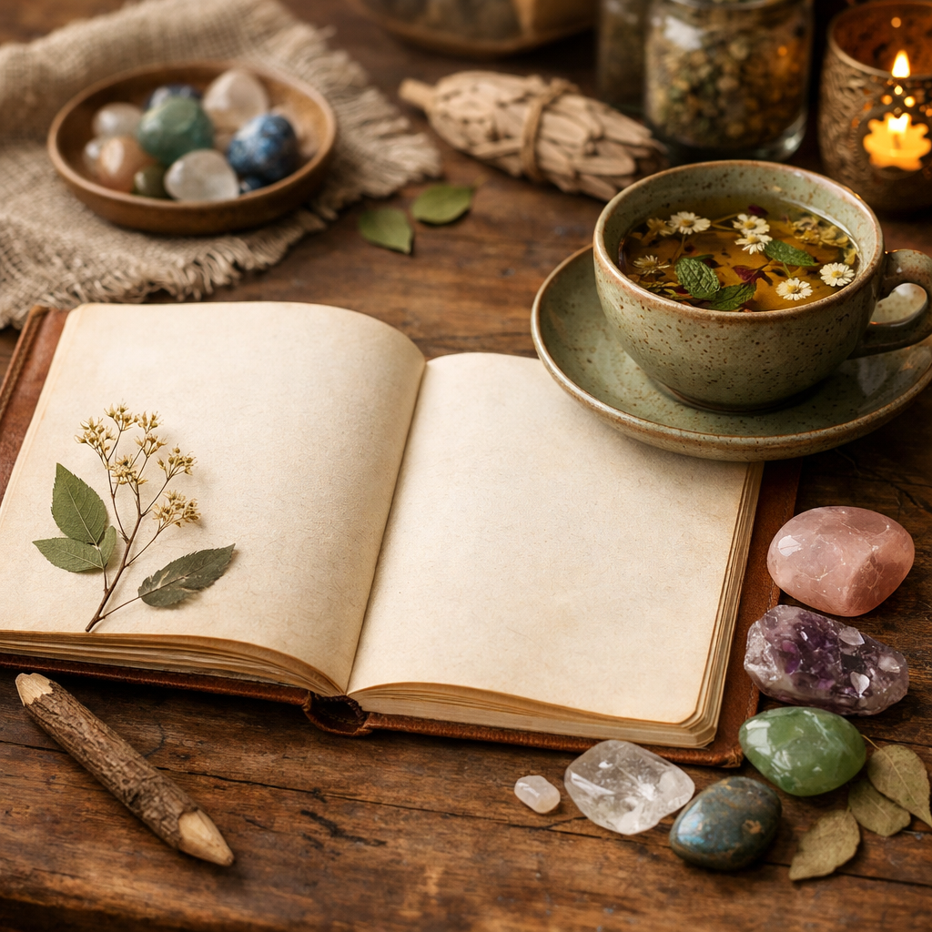 An open journal with herbal tea and healing stones
