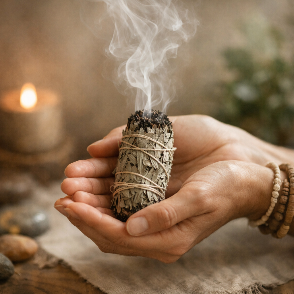 Hands holding a sage bundle with smoke rising