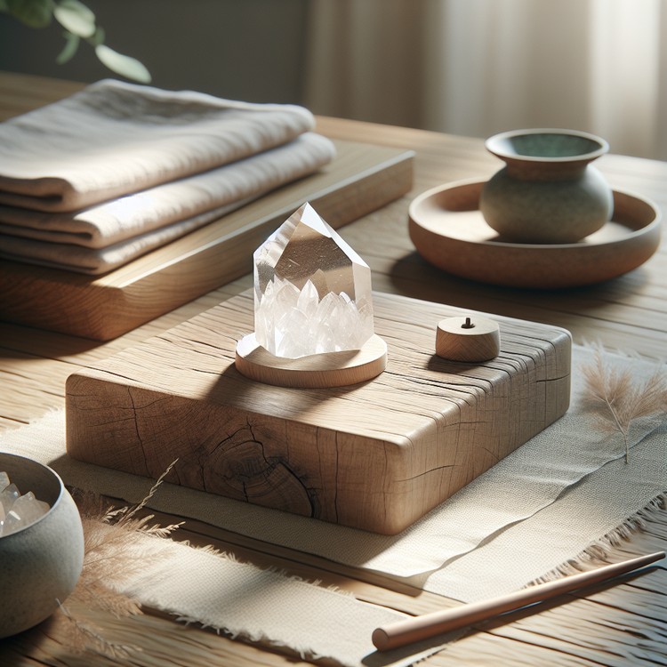A clear quartz crystal on a wooden meditation table