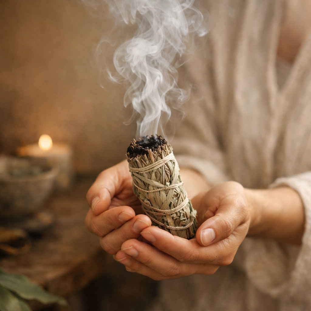 Hands holding a sage bundle with smoke rising