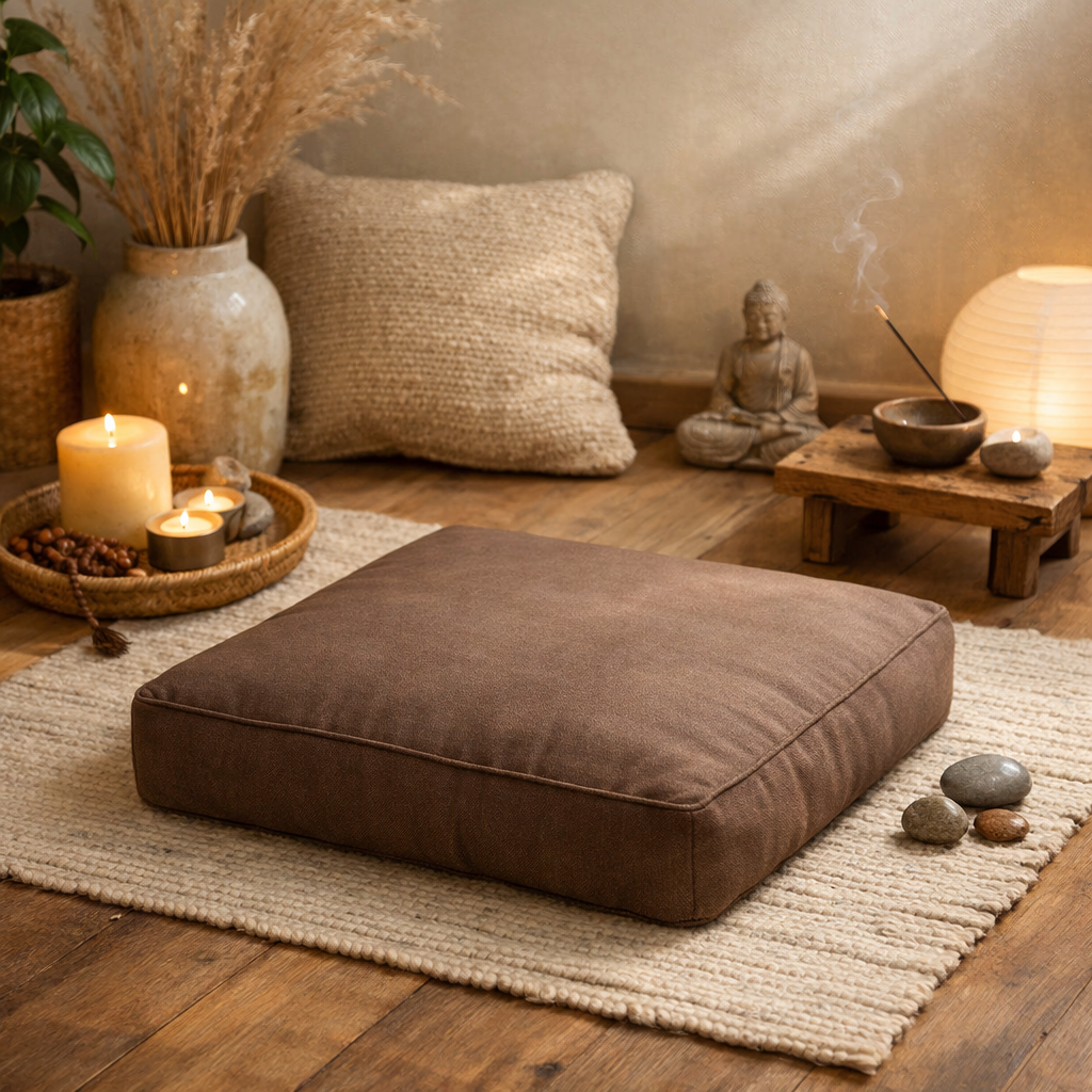 A square meditation cushion resting on a wooden floor in a serene meditation corner