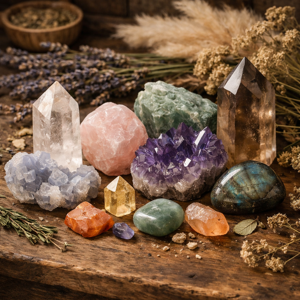 A collection of natural crystals arranged on a wooden surface with dried herbs
