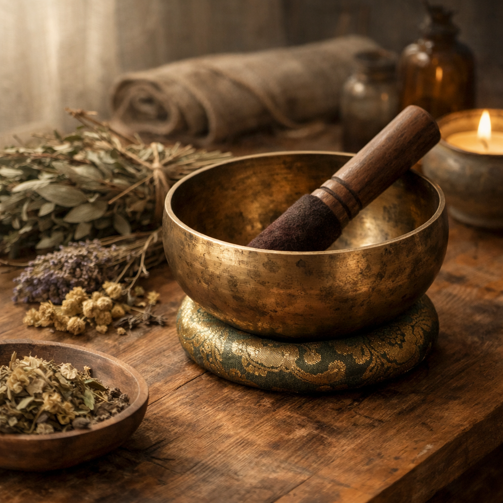Tibetan singing bowl and mallet resting on a wooden table beside dried herbs