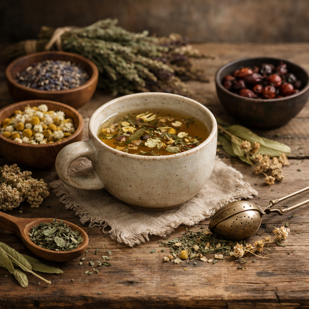 Dried herbs and herbal tea in a ceramic cup on a rustic wooden surface
