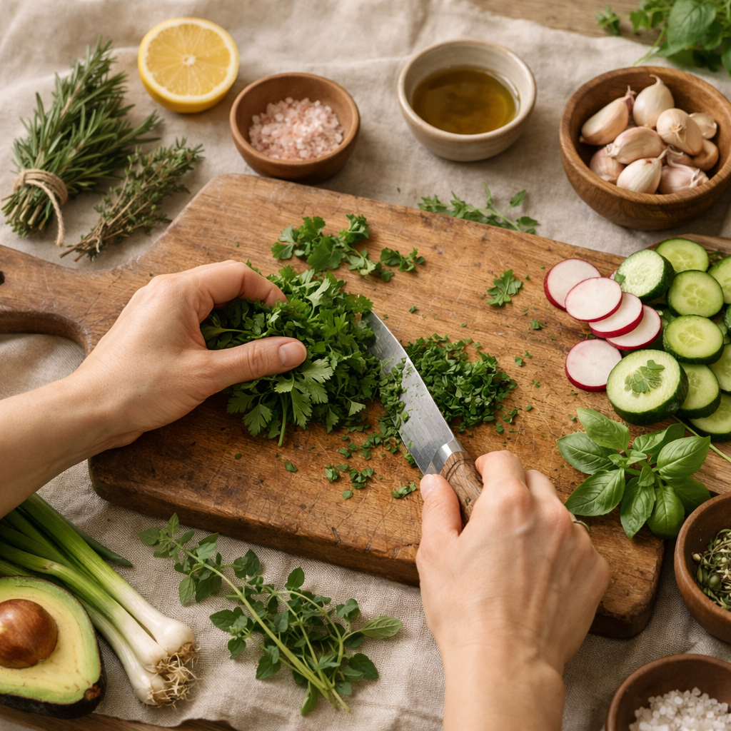 Hands preparing fresh herbs and vegetables on a wooden cutting board