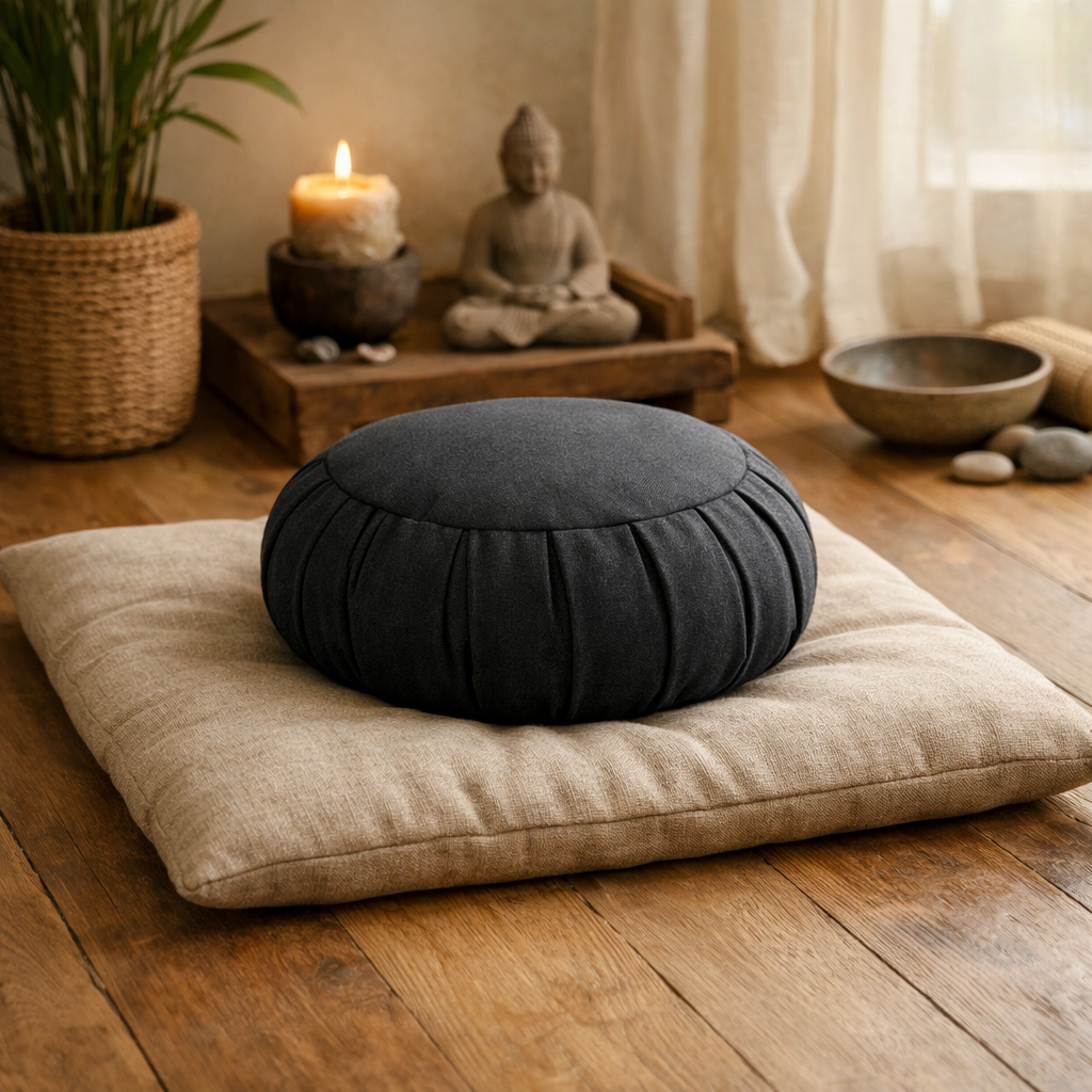 A traditional zafu cushion resting on a zabuton mat in a calm meditation space