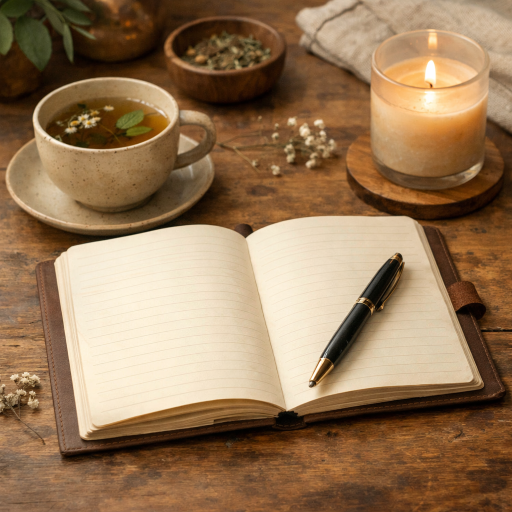 Open journal with a pen on a wooden desk next to a cup of herbal tea and a candle