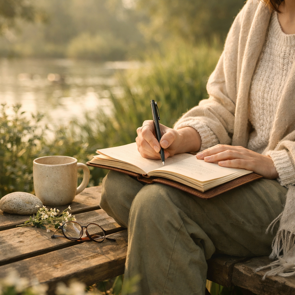 Person writing in a journal outdoors on a park bench surrounded by nature