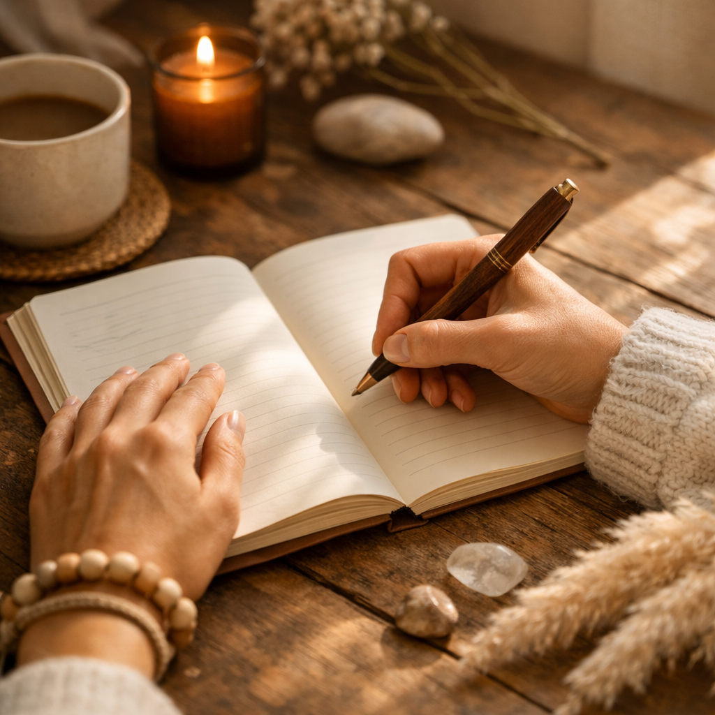 Close-up of hands writing in a journal with warm natural lighting