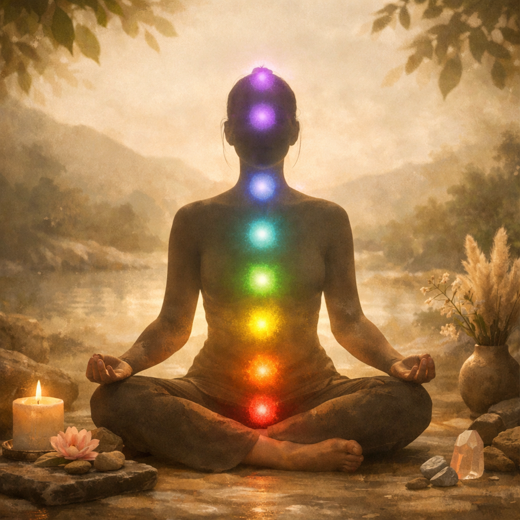 Illustration of the seven chakra points along a seated meditation figure with associated colors