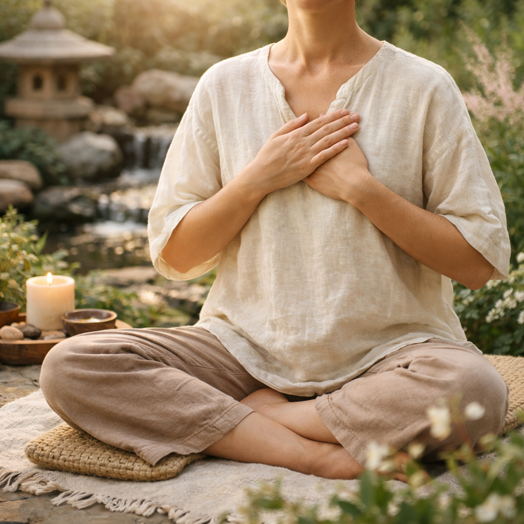 Person meditating with hands on heart center in a peaceful garden setting