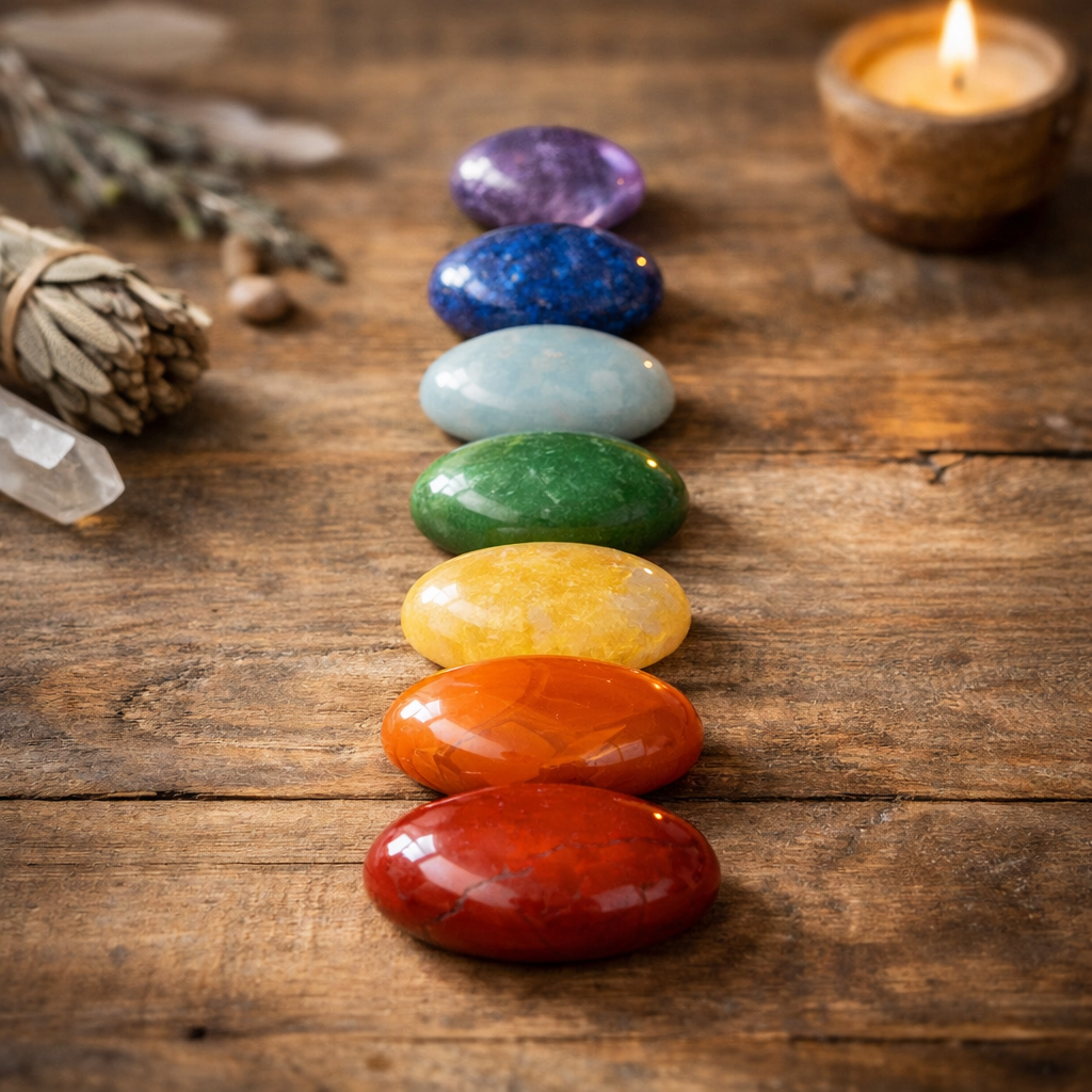 Colorful chakra healing stones arranged in a vertical line from red to violet on a wooden surface