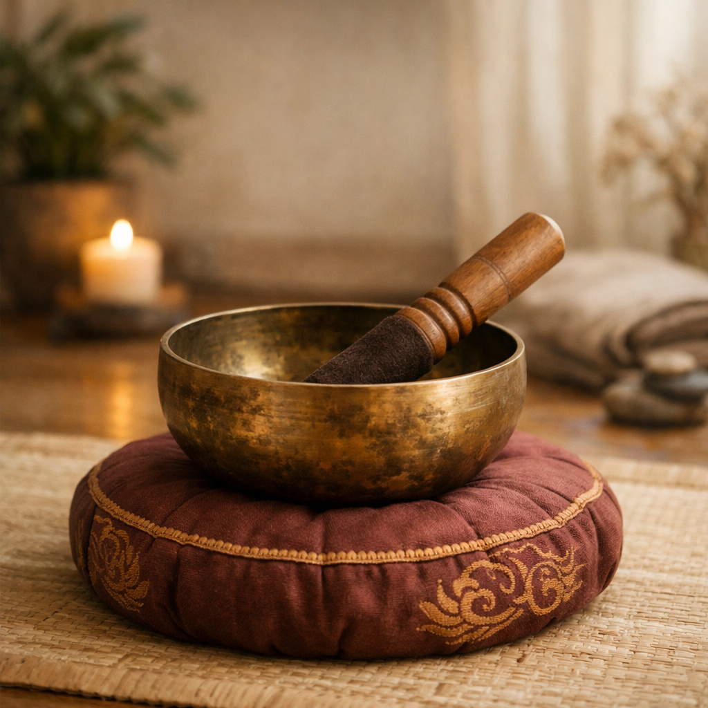 Tibetan singing bowl with a wooden mallet on a meditation cushion in a calm room