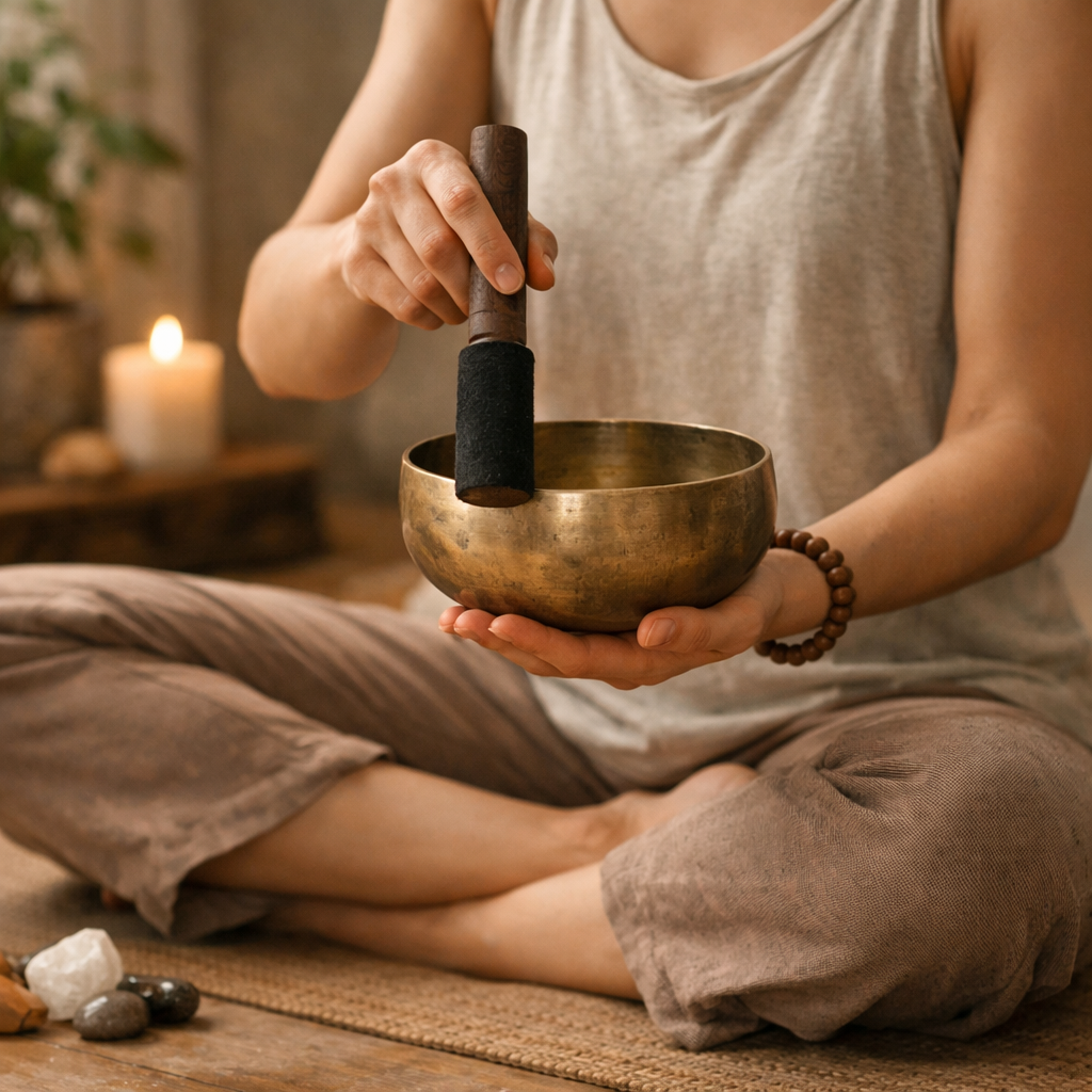 Person practicing rim-singing technique with a metal singing bowl on a yoga mat