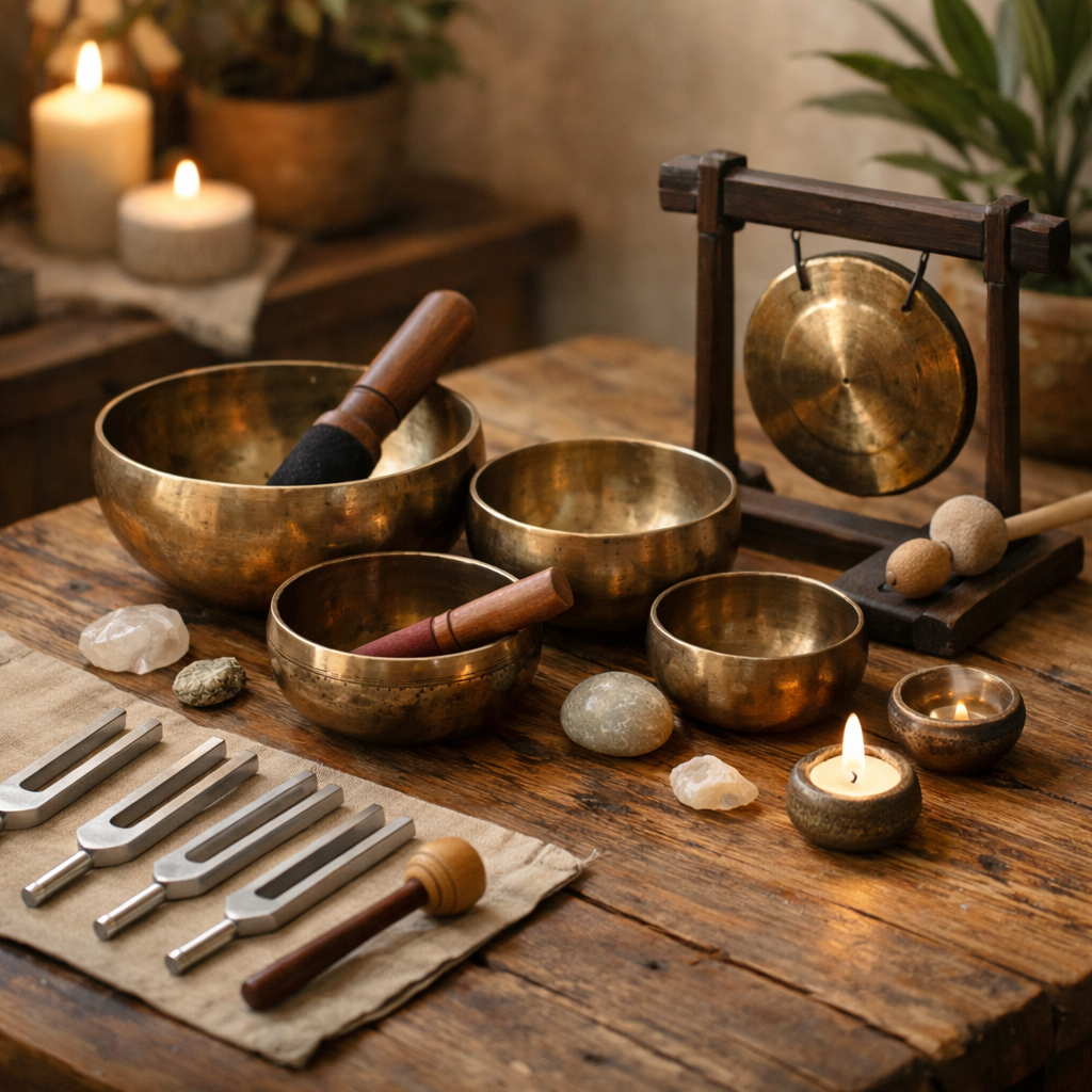 Collection of sound healing instruments including singing bowls, tuning forks, and a small gong on a wooden table