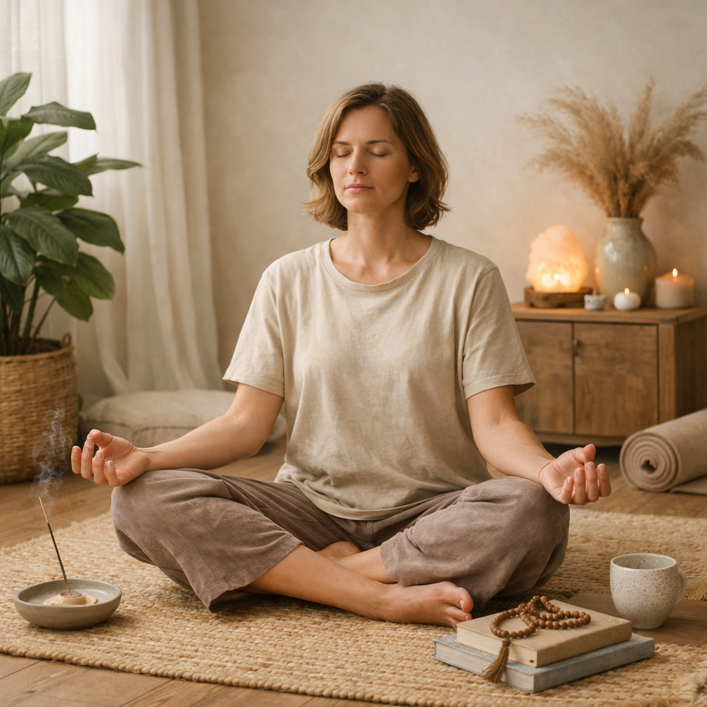 Person sitting cross-legged with eyes closed practicing deep breathing in a peaceful room