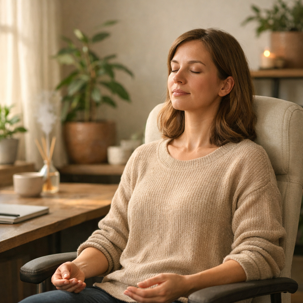 Person practicing box breathing with eyes closed in an office chair during a work break