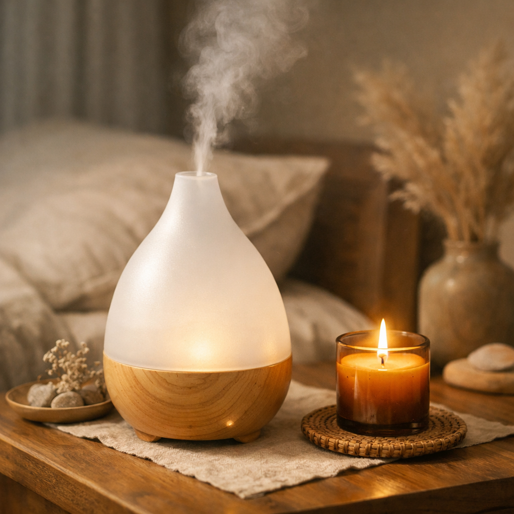 Essential oil diffuser releasing a gentle mist on a bedside table next to a sleeping candle