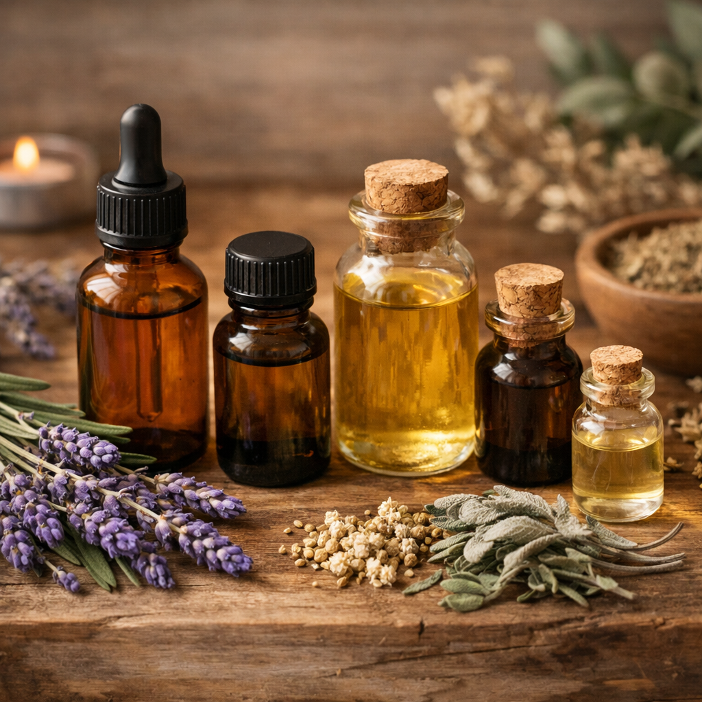 Collection of essential oil bottles with lavender sprigs and dried herbs on a natural wooden surface