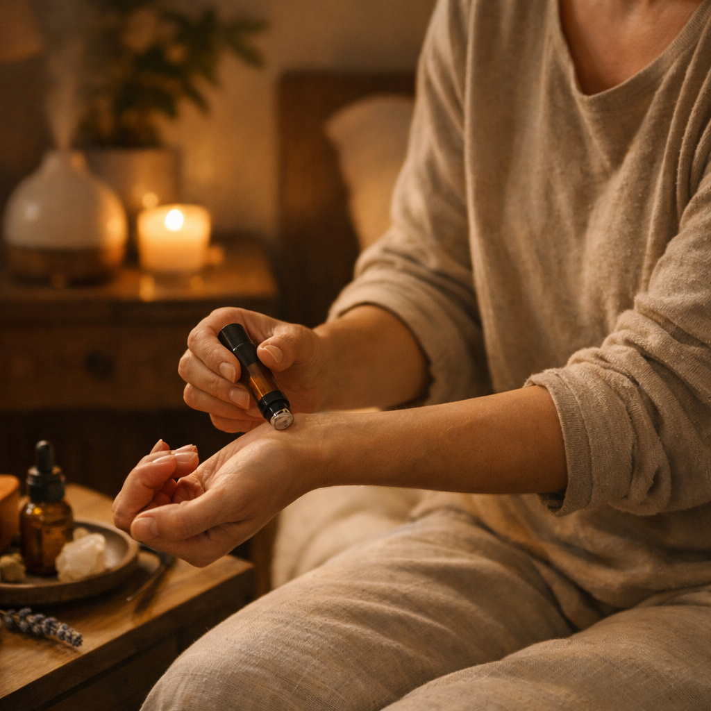 Person applying diluted essential oil to their wrist before bed in a dimly lit bedroom