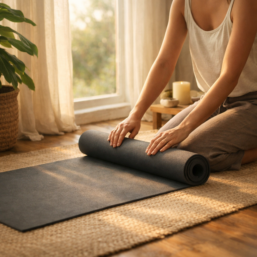 Person rolling out a yoga mat next to a window with morning light streaming in