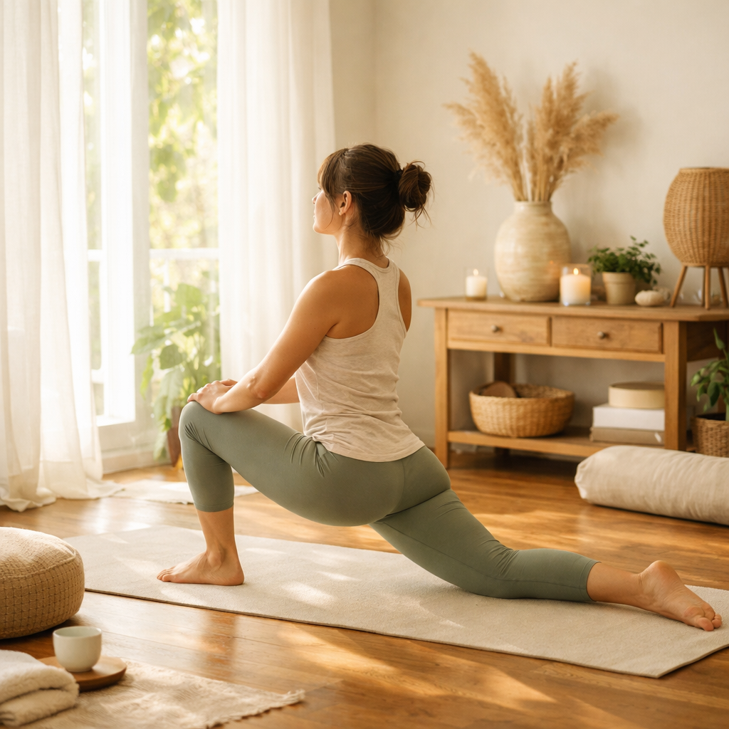 Person performing a gentle low lunge yoga pose in a bright morning room