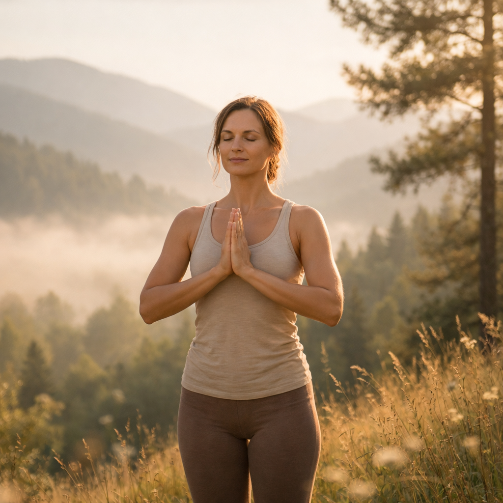Person standing with hands at heart center in mountain pose, eyes closed, in morning light
