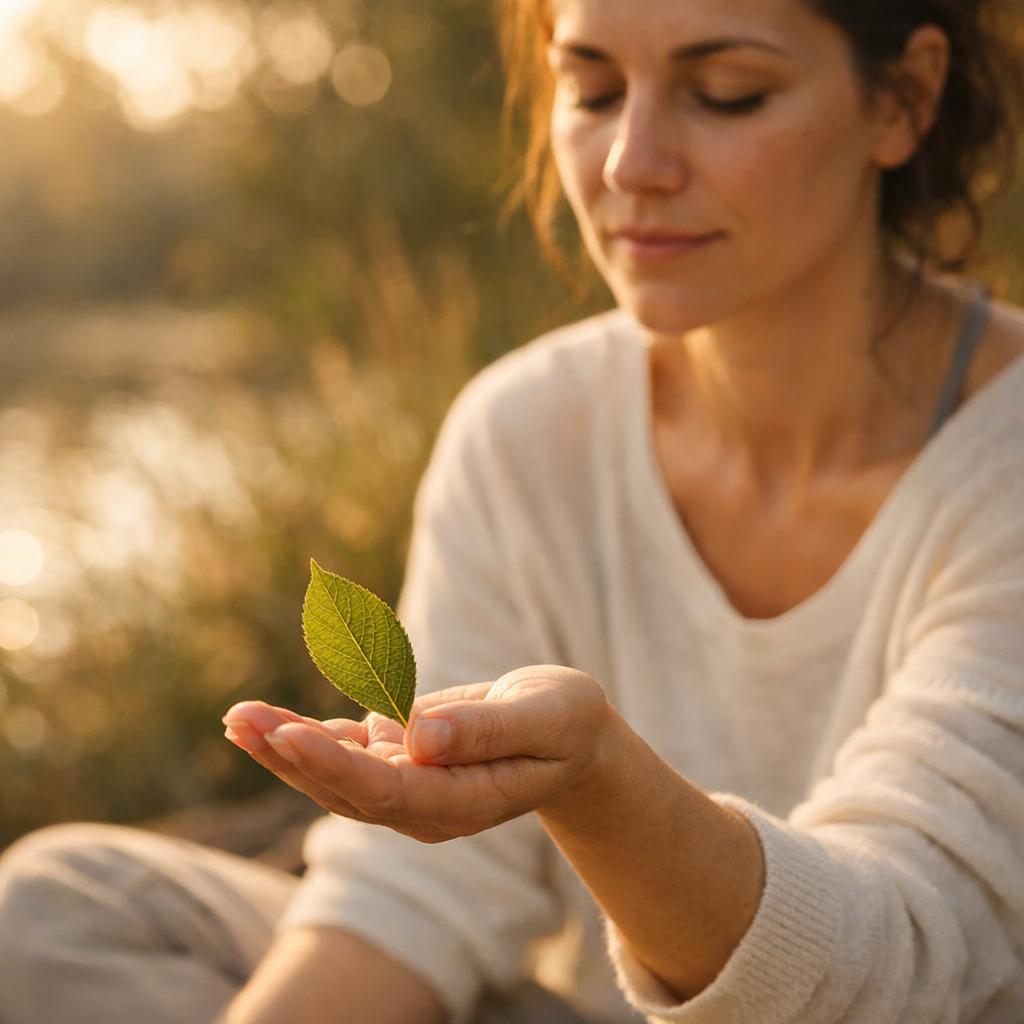 Person practicing the 5-4-3-2-1 grounding technique, focusing intently on a leaf in their hand