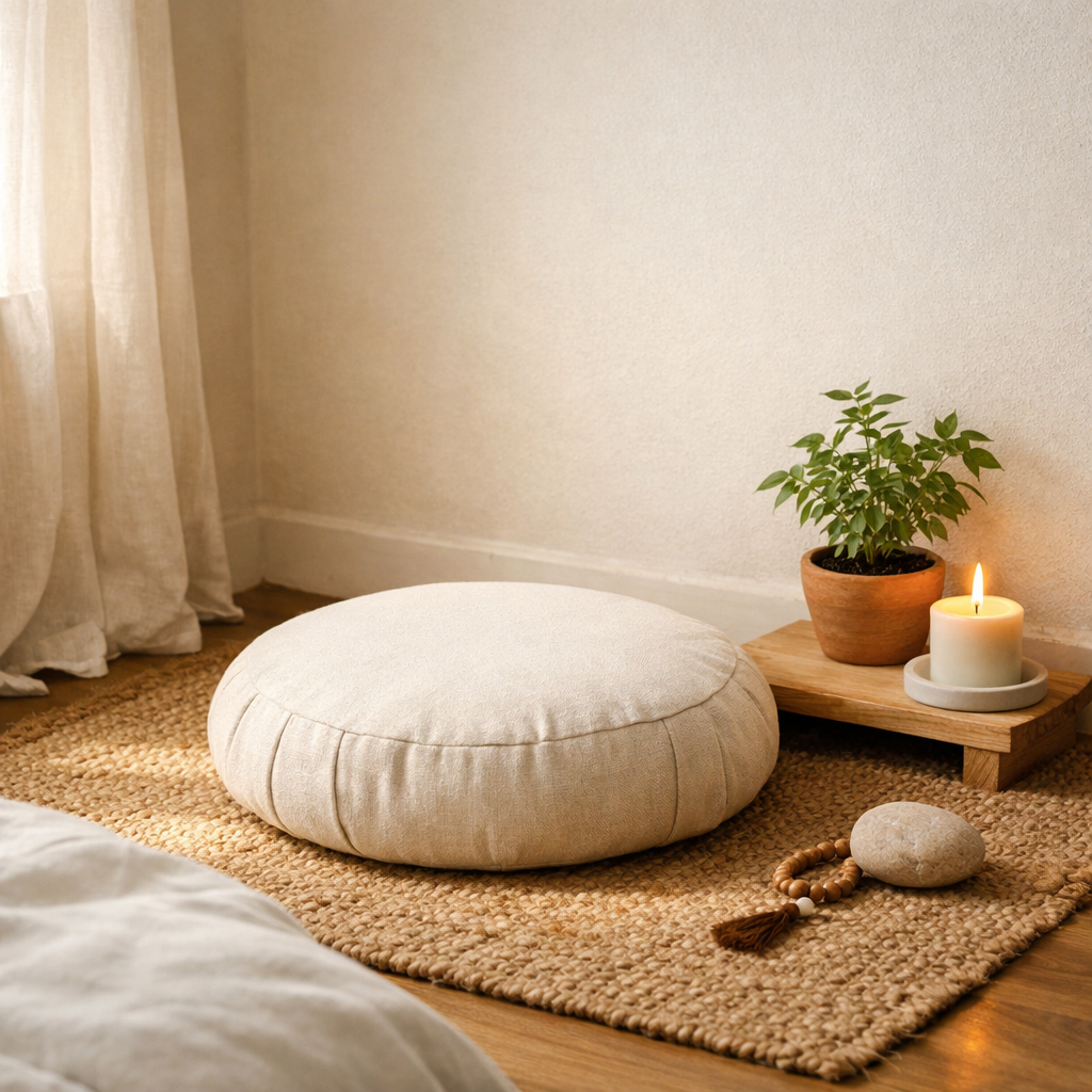 Simple meditation corner with a cushion, small plant, and candle in a bedroom corner