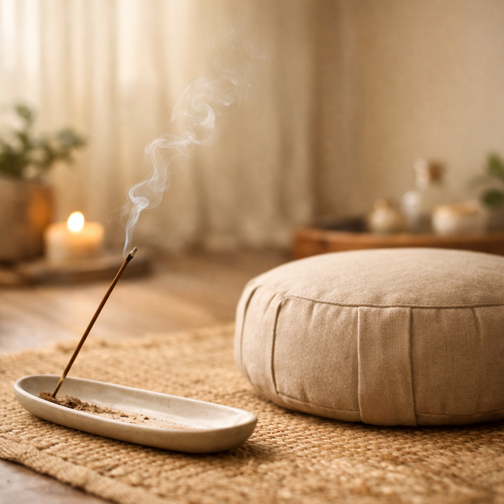 Incense stick burning on a ceramic holder next to a meditation cushion in a calm room with soft light