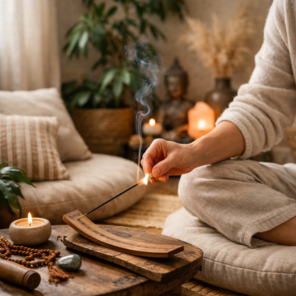 Person lighting incense in a peaceful meditation corner with cushions and plants