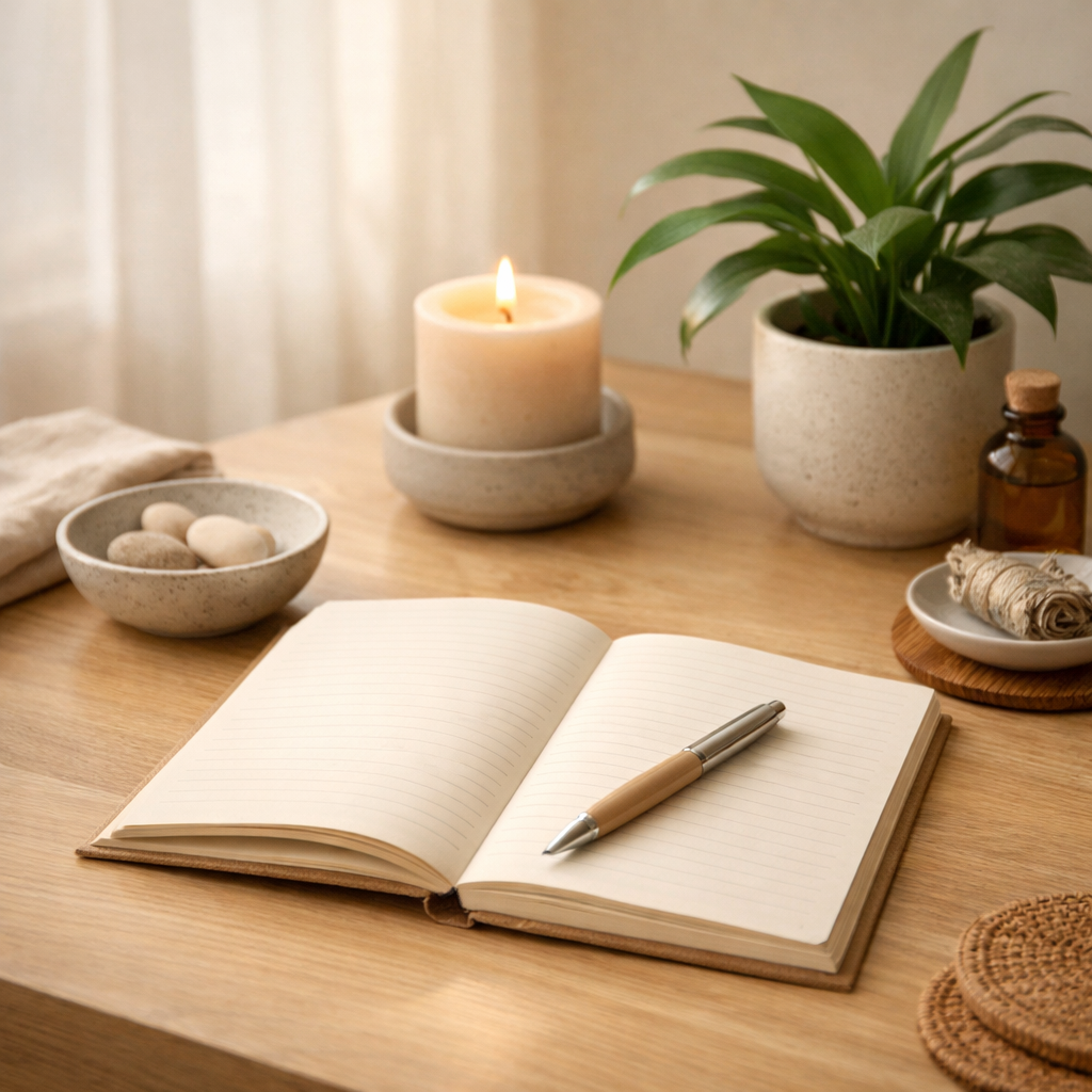 Minimalist desk setup with a notebook, pen, and plant  -  no phone or laptop visible