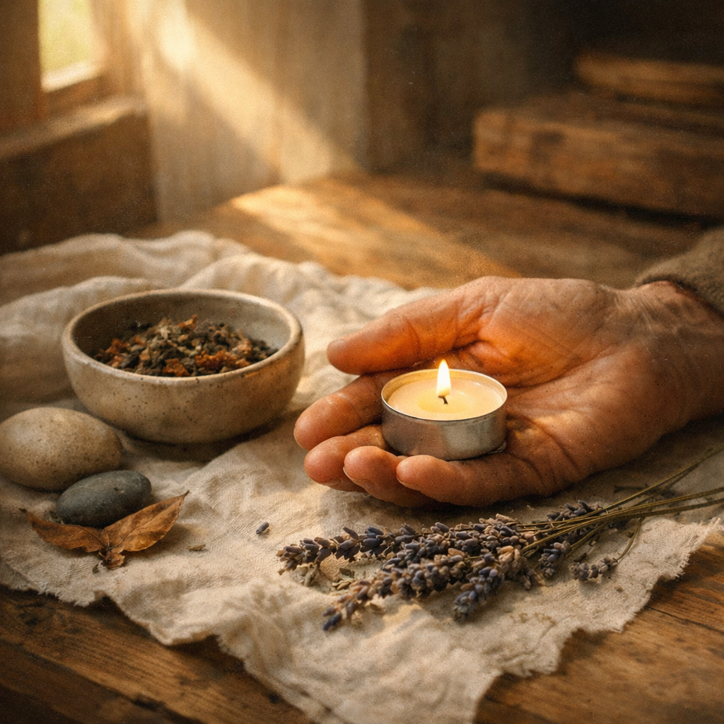 A weathered hand cradles a softly glowing tea light candle on a linen cloth, with a sprig of dried lavender and a small ceramic bowl of loose tea nearby, lit by a single warm window beam in a quiet morning room