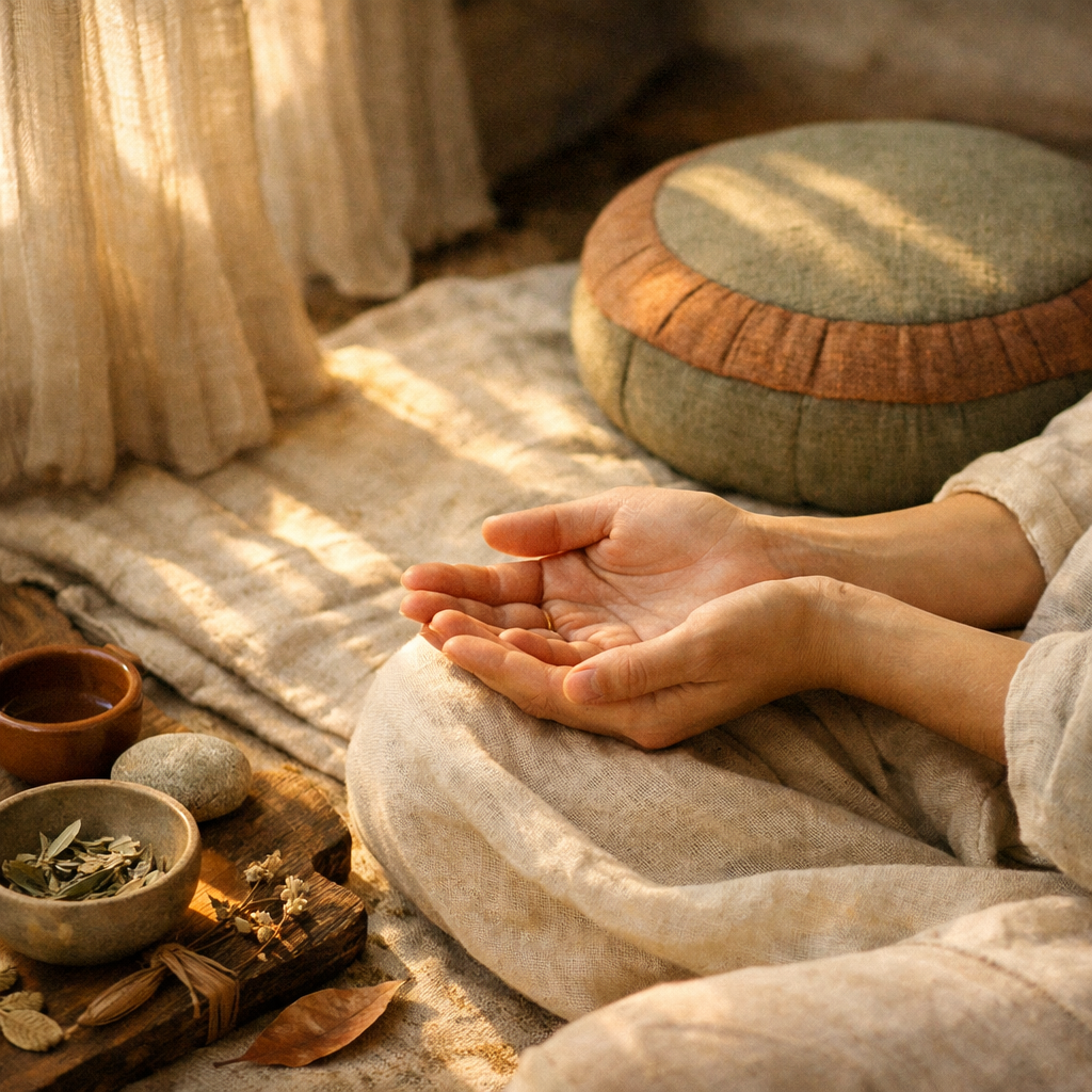 A pair of cupped hands rests gently in a lap, palms upward, with soft amber sunlight filtering through a sheer curtain to one side, casting warm diagonal shadows across a folded linen throw and a small woven meditation cushion in muted earth tones