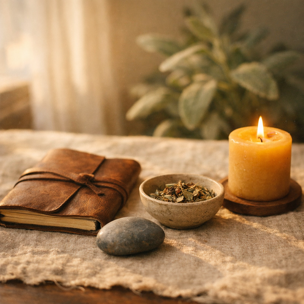 A simple desk meditation setup at golden hour with a closed leather journal, a single river stone, a small ceramic bowl of dried herbs, and a softly glowing beeswax candle, all arranged on raw linen with a sage plant softly out of focus in the background