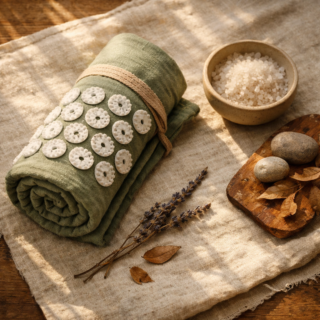 Overhead view of a rolled cotton acupressure mat in muted sage green resting on raw linen beside a small ceramic bowl of sea salt and a sprig of dried lavender, soft morning light casting long gentle shadows across the scene