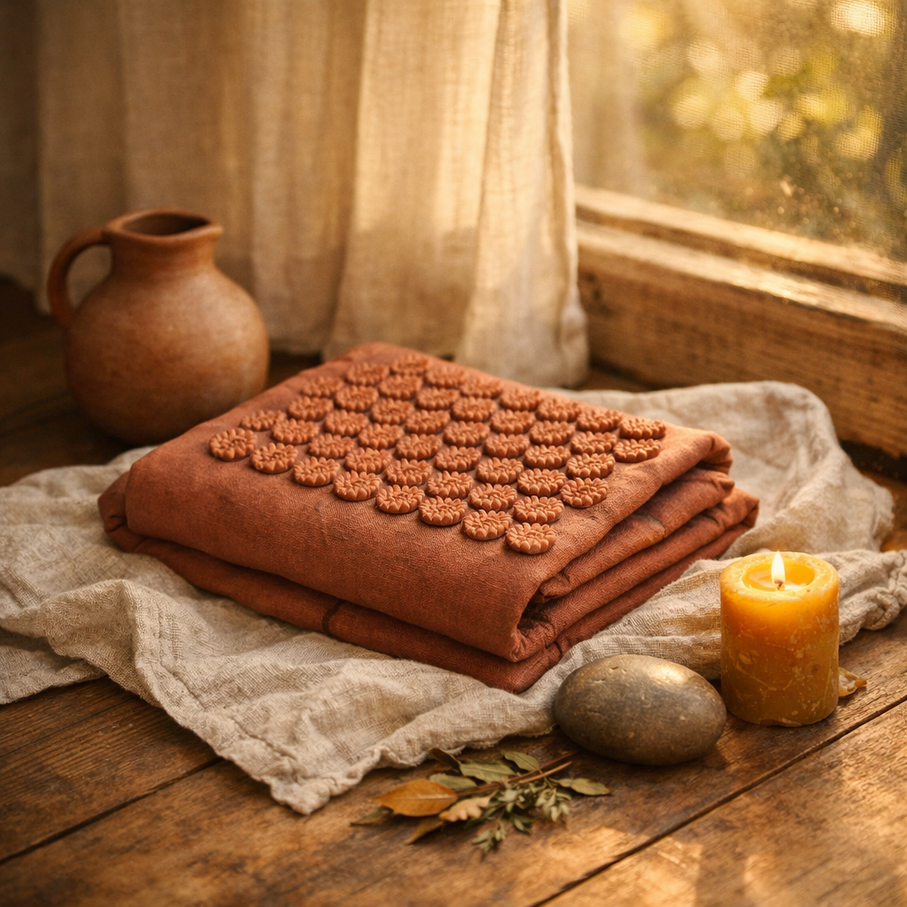 A bare wooden floor beside a low sun-drenched window with a folded acupressure mat in dusty terracotta resting on a soft natural linen blanket, a clay water vessel, a single river stone, and a lit beeswax candle nearby, all bathed in golden hour light filtering through a sheer linen curtain