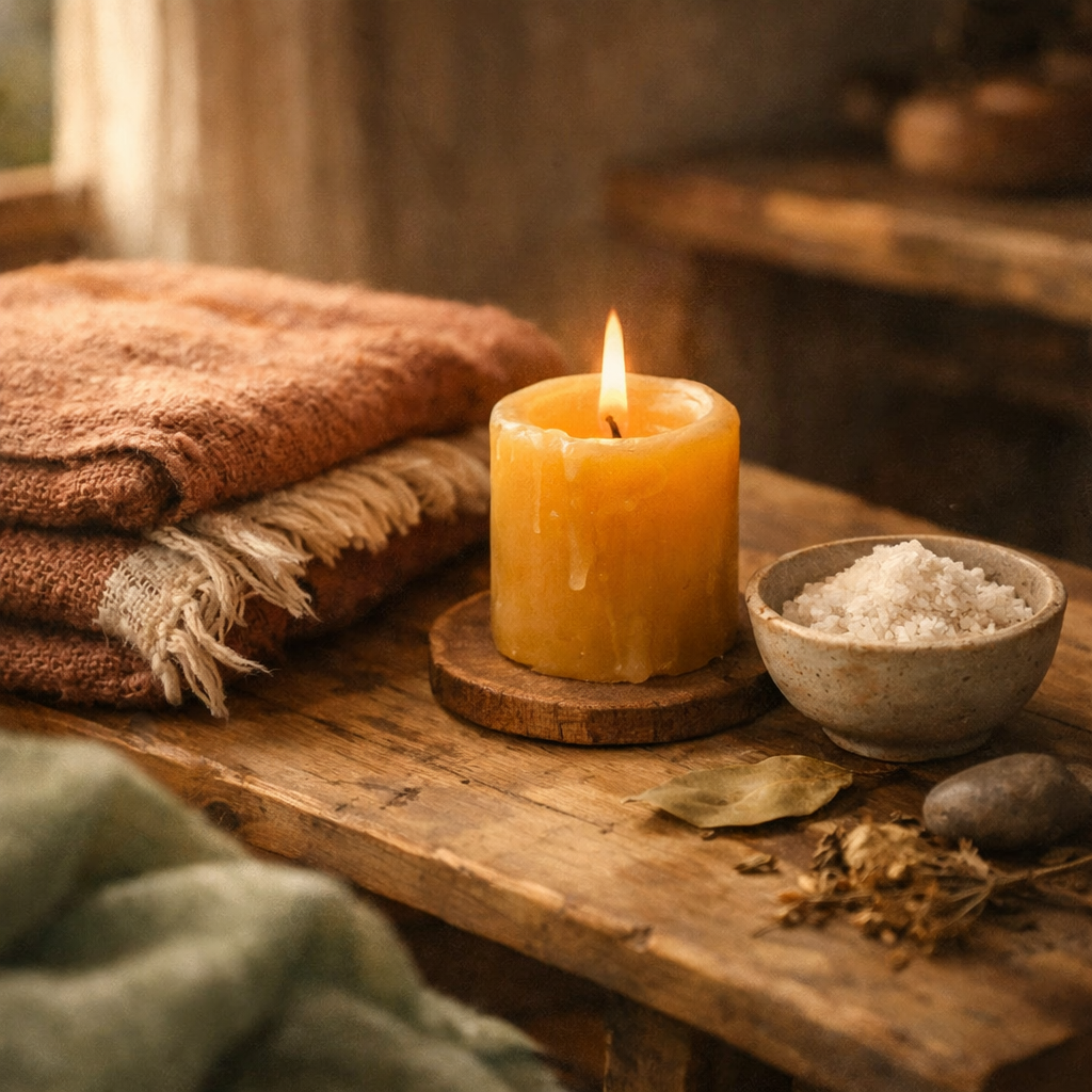 A close-up of a softly glowing beeswax candle on a low wooden table next to a folded handwoven throw blanket in dusty terracotta and a small ceramic bowl of unrefined sea salt, with the corner of a sage-green textile fabric softly out of focus, all lit by warm low evening light from a single window