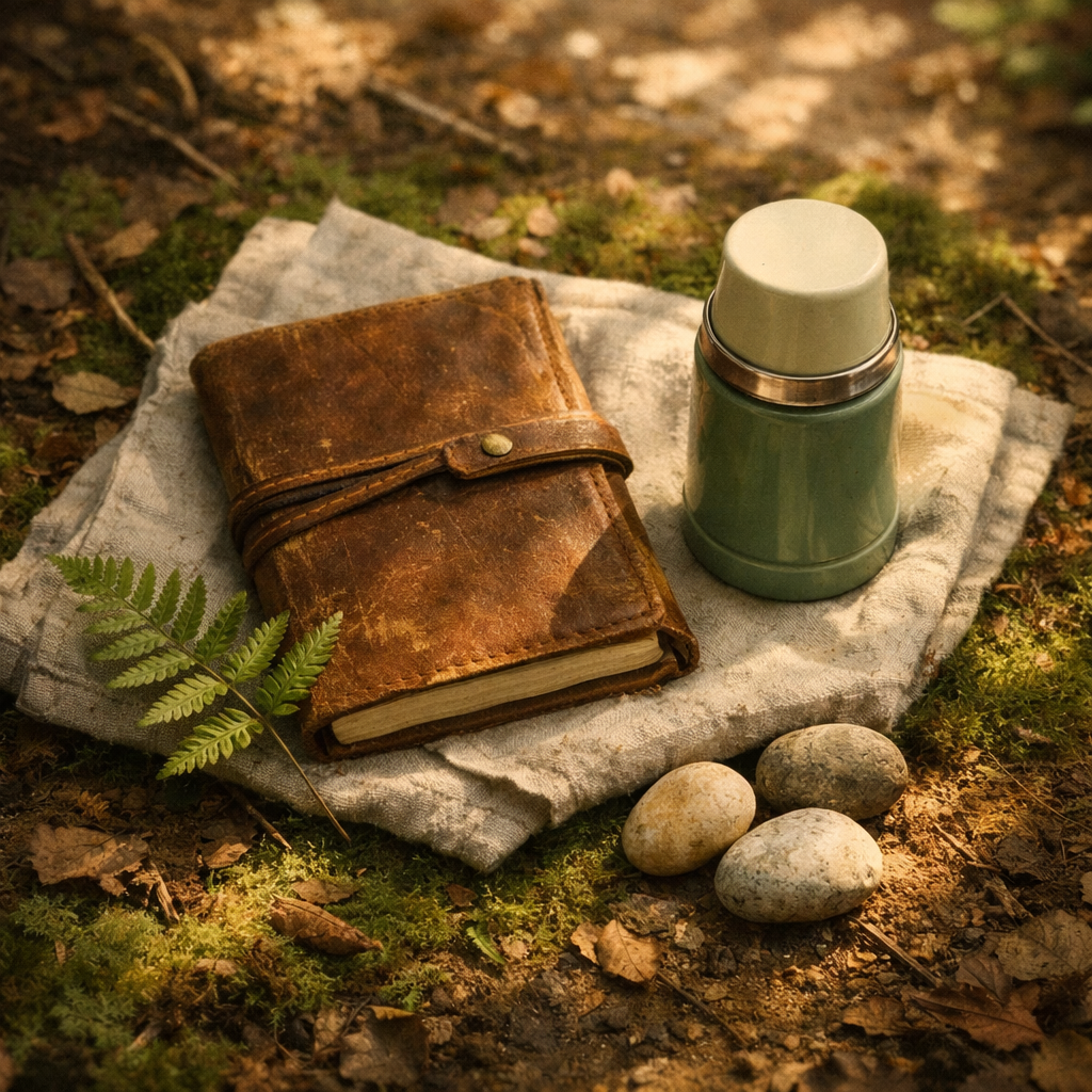 An overhead view of a worn leather field notebook and a small sage-green enamel thermos resting on a folded oatmeal linen cloth atop a mossy forest floor, a sprig of fresh fern and three smooth river stones beside them, soft dappled morning light filtering through the canopy