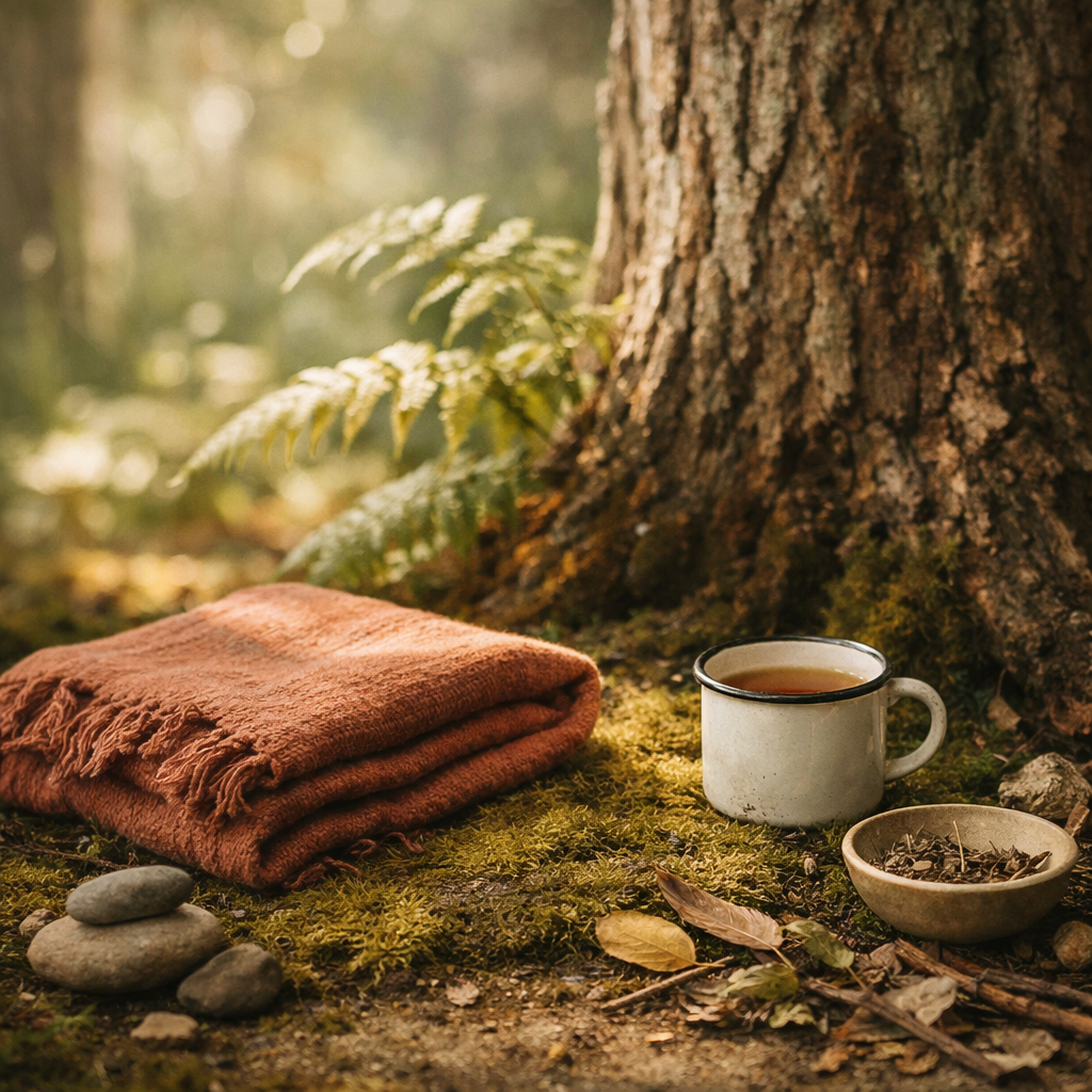 A bare patch of mossy ground at the foot of a wide tree trunk, a folded handwoven blanket in dusty terracotta laid out beside a small enamel cup, dappled golden light falling through ferns and the soft blur of the forest beyond