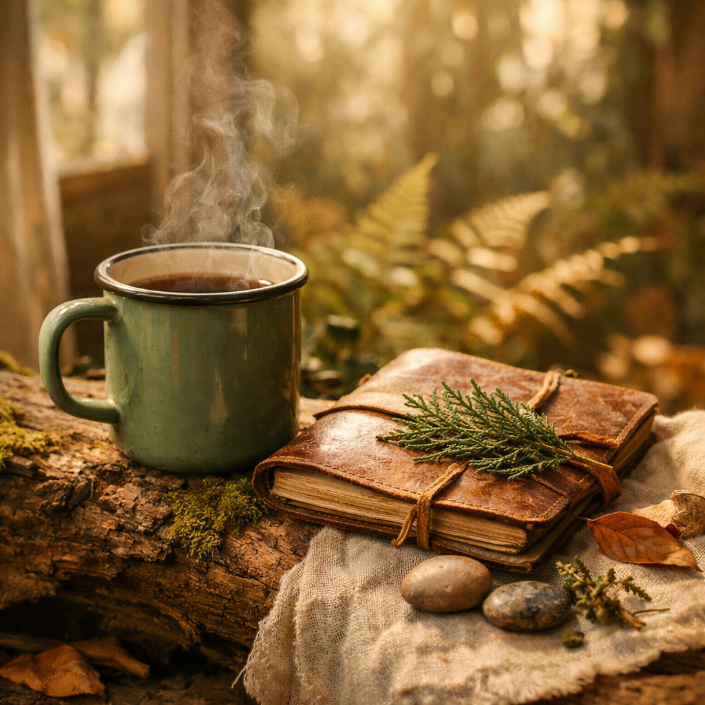 A close-up of a sage-green enamel thermos cup steaming gently on a mossy log, a worn leather notebook and a sprig of cedar resting beside it, warm low afternoon light filtering through a soft-focus backdrop of trees and fern