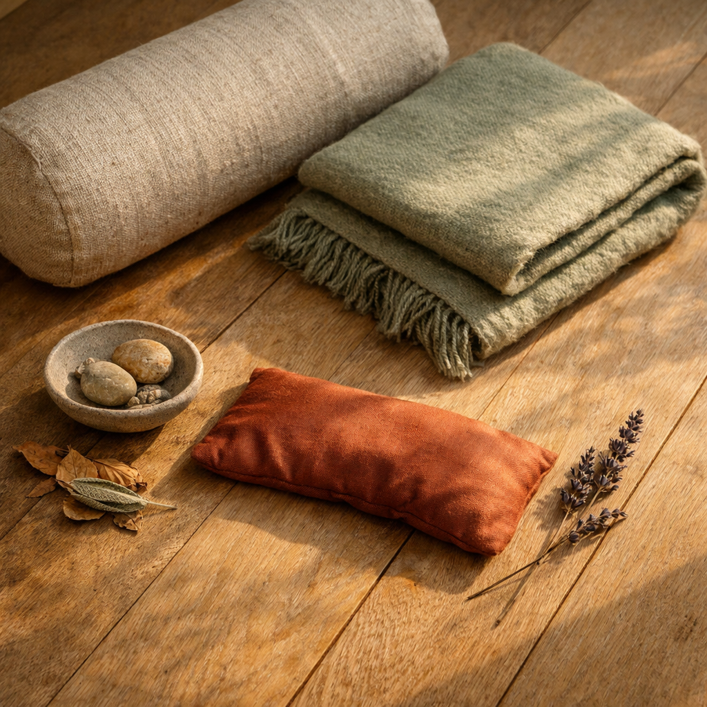 An overhead view of a rolled oatmeal linen bolster and a folded sage wool blanket resting on a pale oak floor beside a dusty terracotta silk eye pillow and a single sprig of dried lavender, soft late afternoon light casting long shadows across the boards