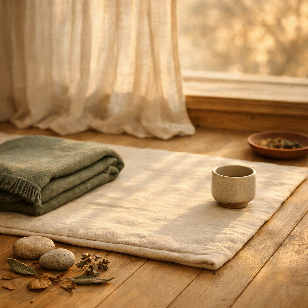 A bare pale oak floor beside a low window with a rolled cotton mat in warm bone unfurled across it, a folded sage wool blanket and a small unglazed ceramic cup nearby, golden late-day light filtering through a sheer linen curtain