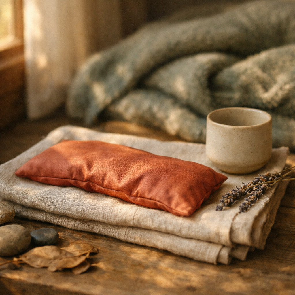 A close-up of a dusty terracotta silk eye pillow resting on a folded oatmeal linen cloth beside a small unglazed ceramic cup and a sprig of dried lavender, warm low evening light from a single window, the soft blur of a sage wool blanket behind