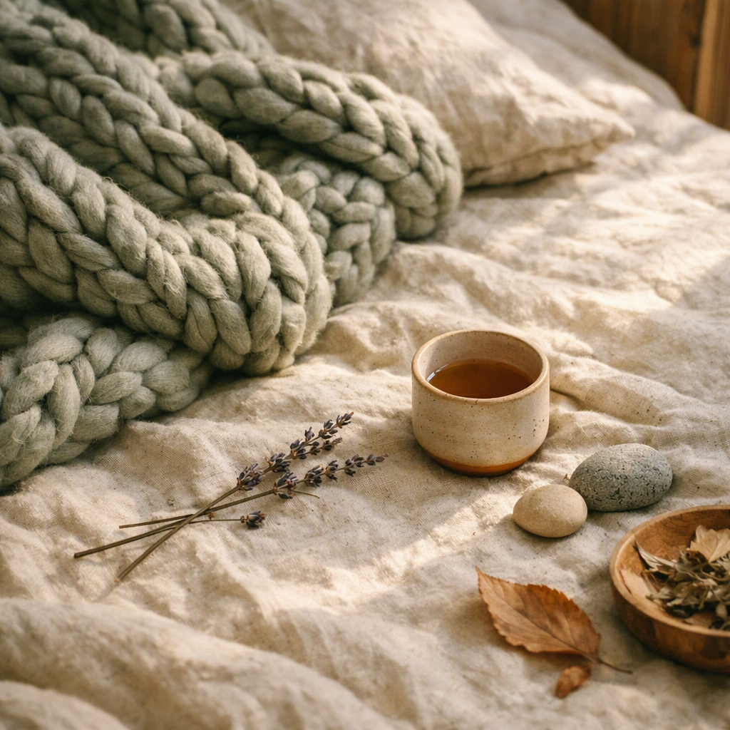 An overhead view of a heavy sage chunky-knit blanket folded in thick loops across rumpled oatmeal linen bedding, a small unglazed ceramic cup and a sprig of dried lavender resting on the sheet, soft early morning light raking across the fabric texture